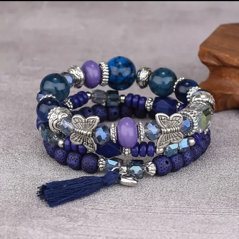 NWT 3 piece Boho Butterfly Pendant, Tassel, Beaded, Elastic multilayer bracelet